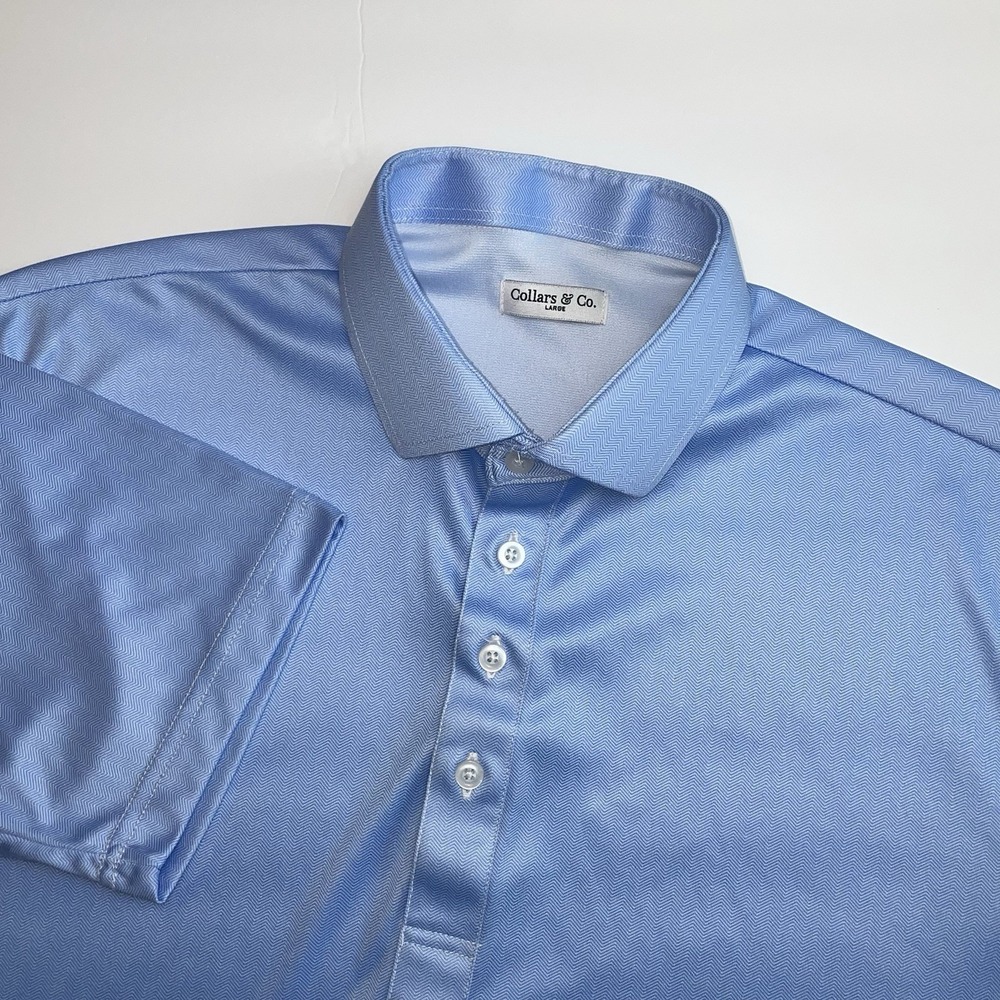 Collars & Co Dress Collar Polo Mens Large Blue Herringbone Short Sleeve Golf - Picture 1 of 8